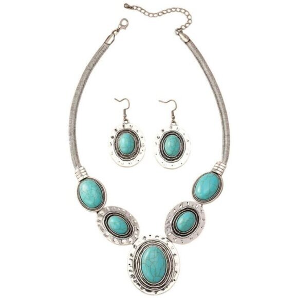 Boho Statement Necklace & Earrings Set – Vintage Silver & Turquoise Oval Jewelry - Picture 1 of 5